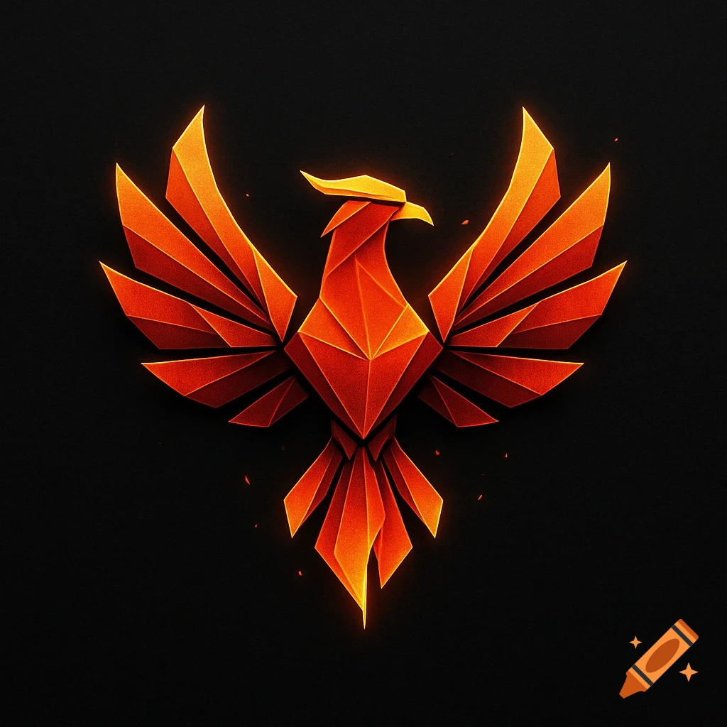 A vibrant orange and red geometric phoenix logo with glowing edges against a dark background.