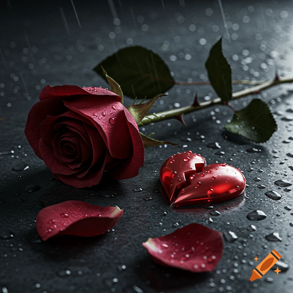 A close-up of a dark red rose, scattered petals, and a shiny broken red heart on a wet, dark surface with raindrops.
