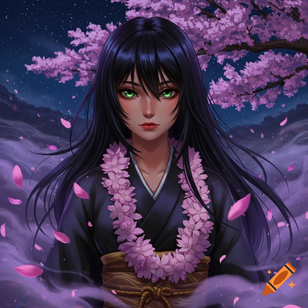 An anime girl with green eyes and long black hair in a kimono, wearing a pink cherry blossom lei under a cherry tree at night.