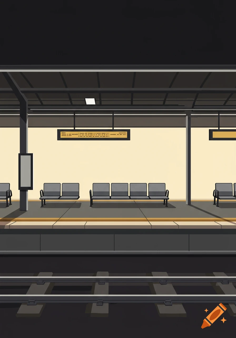 An illustration of an empty train station platform with benches and tracks.