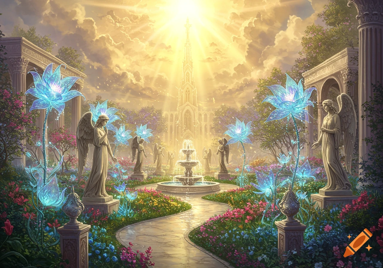 A serene fantasy garden with angelic statues, glowing blue flowers, a fountain, and a grand, radiant church under a golden, cloudy sky.