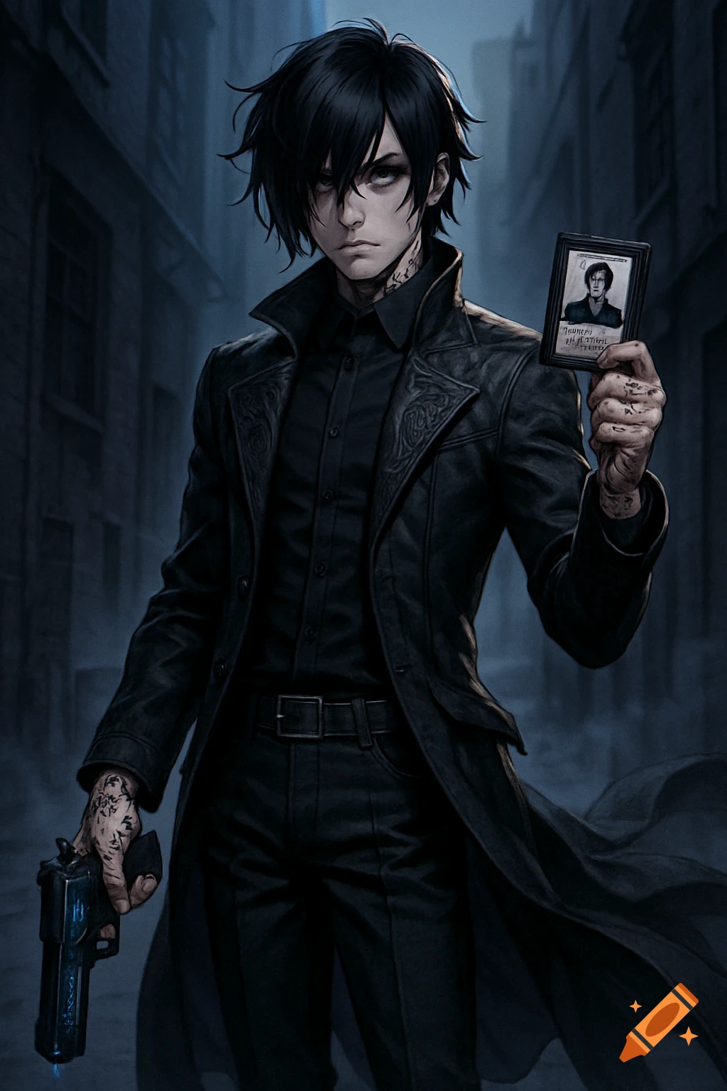 An anime emo goth detective with black hair and occult tattoos, in a black trench coat, holds an ID card and handgun in a dark alley.