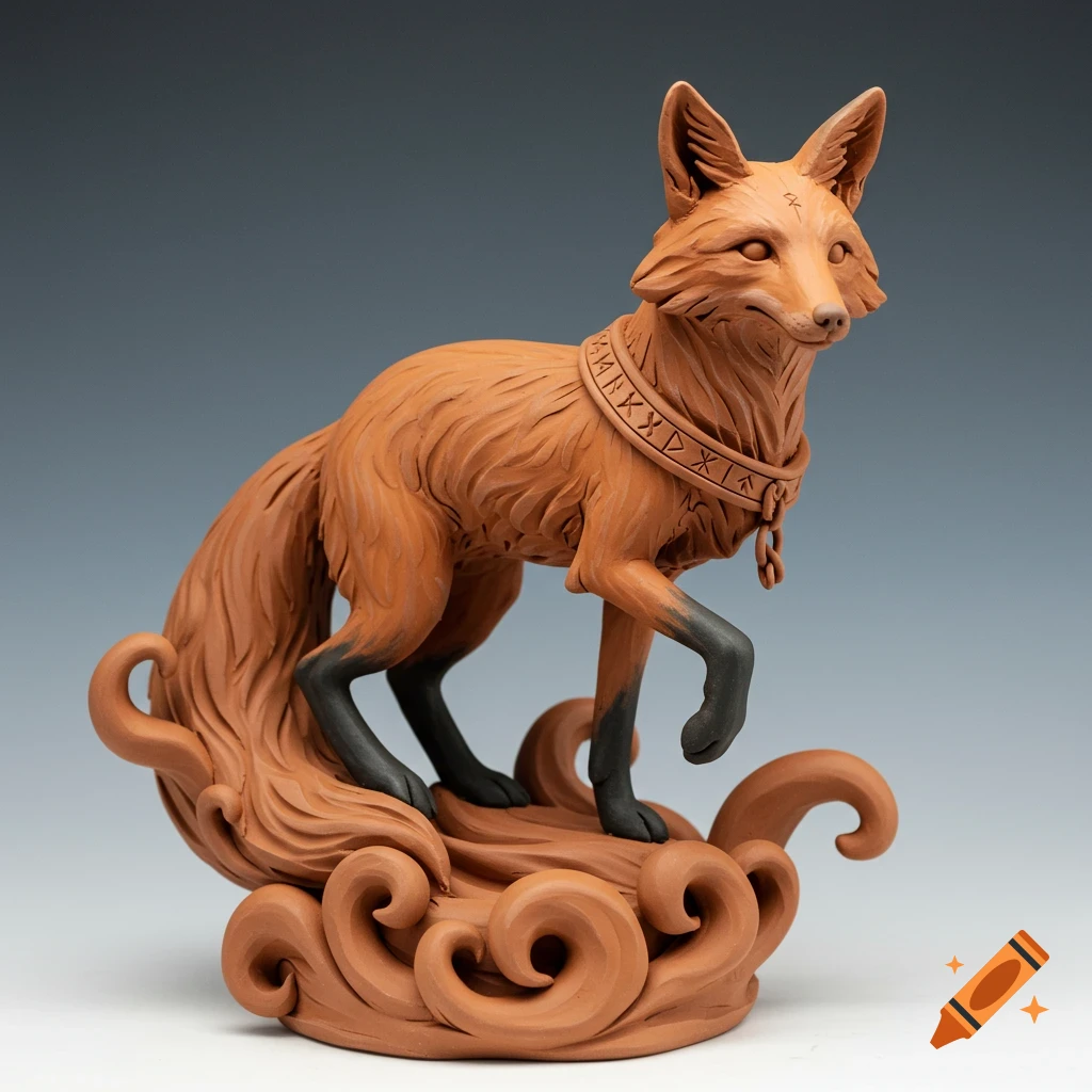 A terracotta sculpture of a fox with black paws, a bushy tail, and a collar adorned with runes, standing on a base of swirling clay.