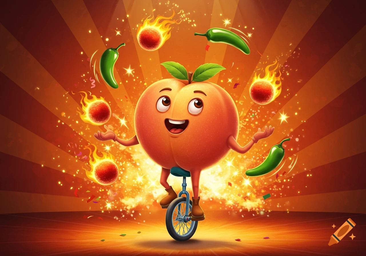 A whimsical cartoon peach character with a happy face juggles flaming red balls and green jalape"]}os while riding a unicycle on a vibrant stage.