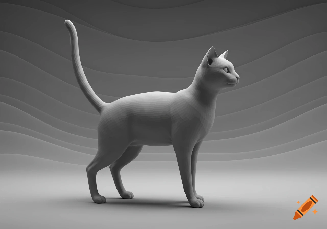 A 3D grayscale render of a cat standing in profile against a wavy background.