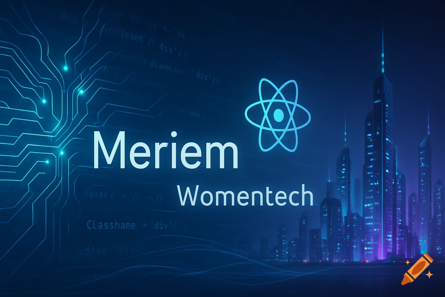 Meriem Womentech text with a React logo on a futuristic blue background featuring a circuit board and city skyline.