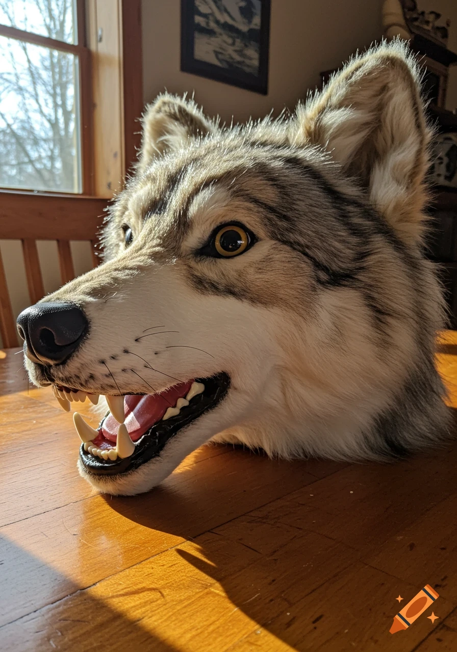 A realistic taxidermied wolf head with an open mouth and bared fangs lies on a wooden table, bathed in sunlight.