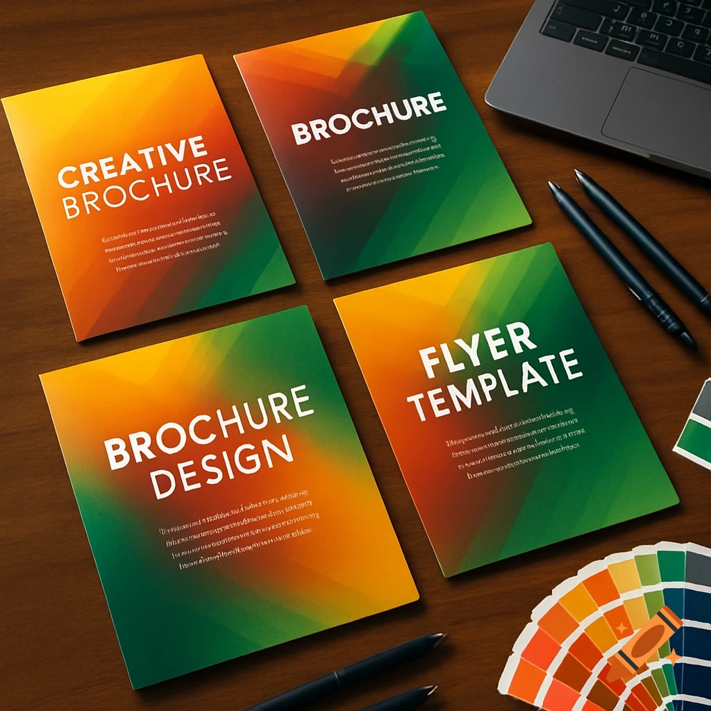 An overhead shot of four brochures with orange and green gradients, pens, a laptop, and a color palette on a wooden desk.