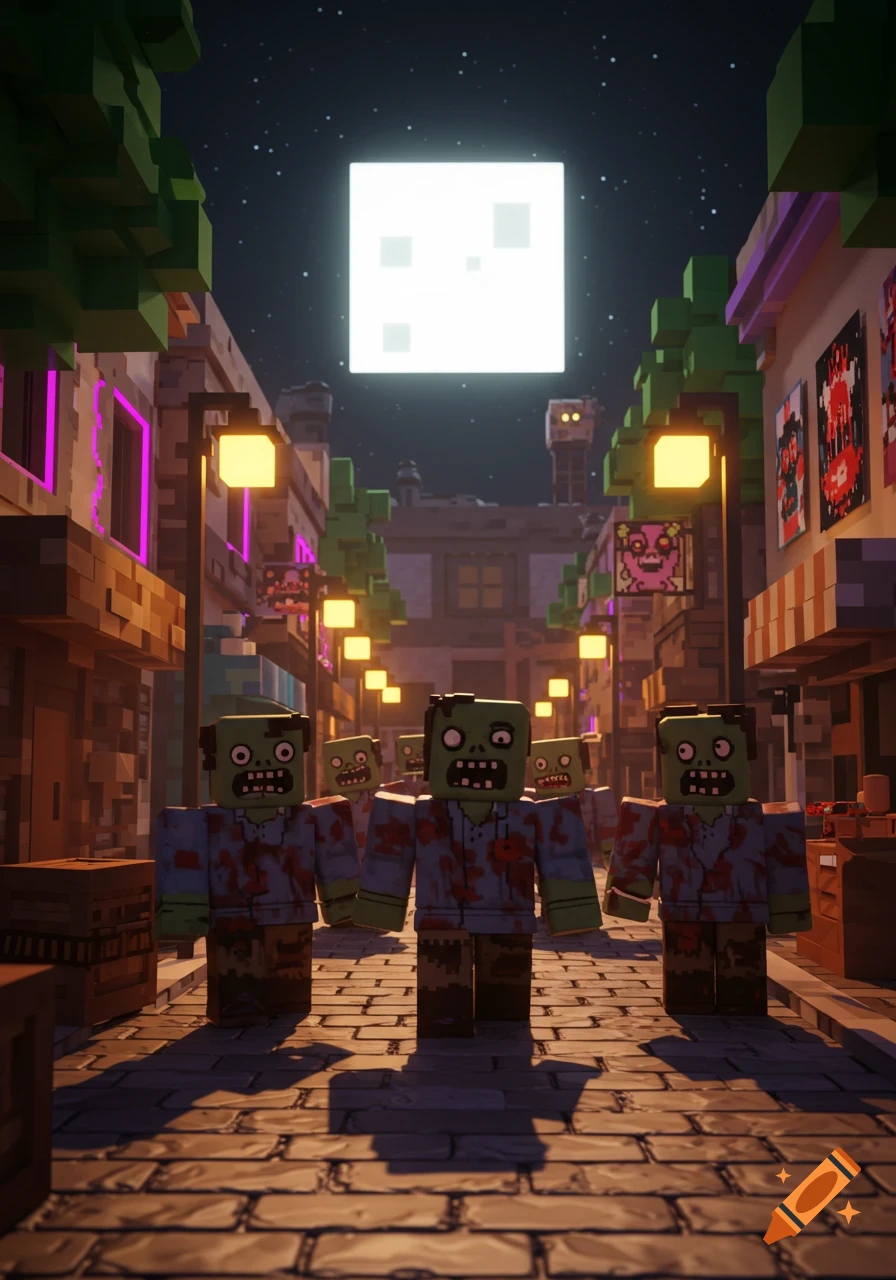 Blocky Roblox-style zombies with green skin and bloody shirts walk down a dark street under a square moon at night.