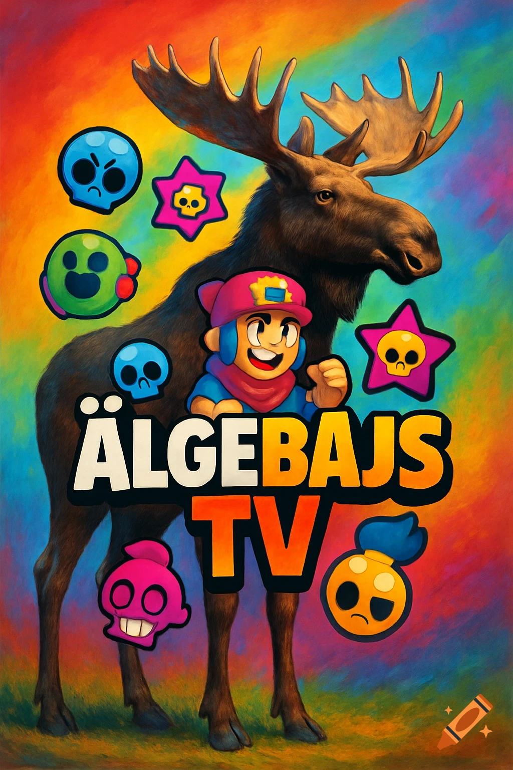 A vibrant, stylized illustration featuring a moose, a Brawl Stars character, and various game emblems on a rainbow background, with the text 'ÄLGEBAJS TV'.