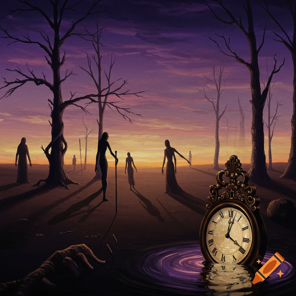 A surreal painting features silhouetted figures wandering in a barren landscape under a purple and orange sky, with a melting ornate clock emerging from a rippling puddle in the foreground. A gnarled hand rests near the puddle.