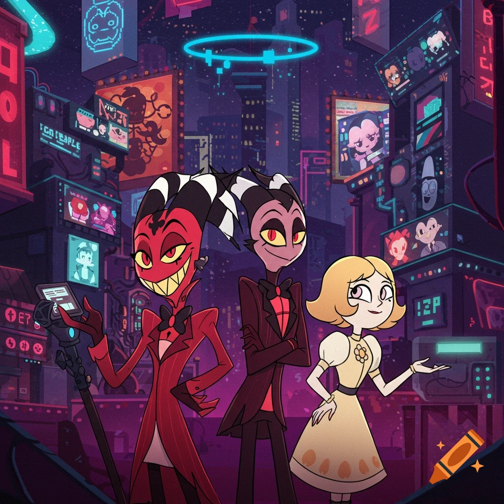 Three stylized characters from Helluva Boss stand in a vibrant cyberpunk city at night with neon signs.