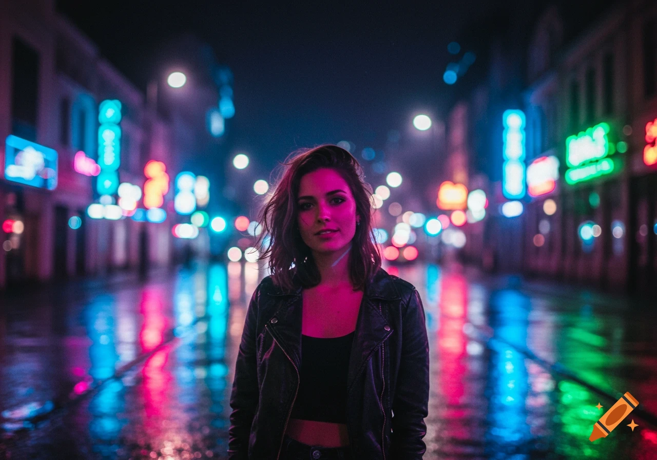 A woman in a leather jacket stands on a wet city street at night, illuminated by vibrant pink and blue neon lights reflected in puddles.