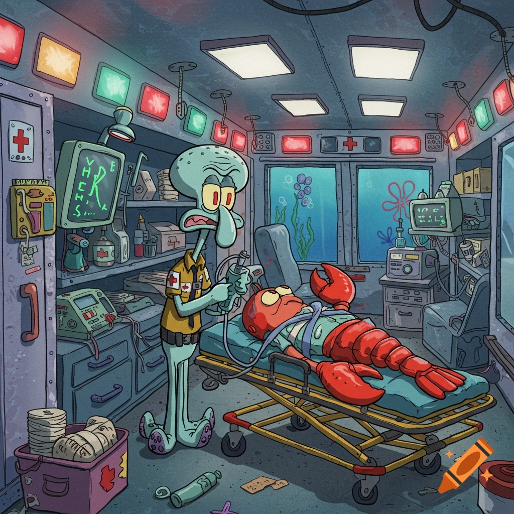 Squidward, dressed as a paramedic, attends to a passed-out Larry the Lobster on a stretcher inside an ambulance, seen underwater.