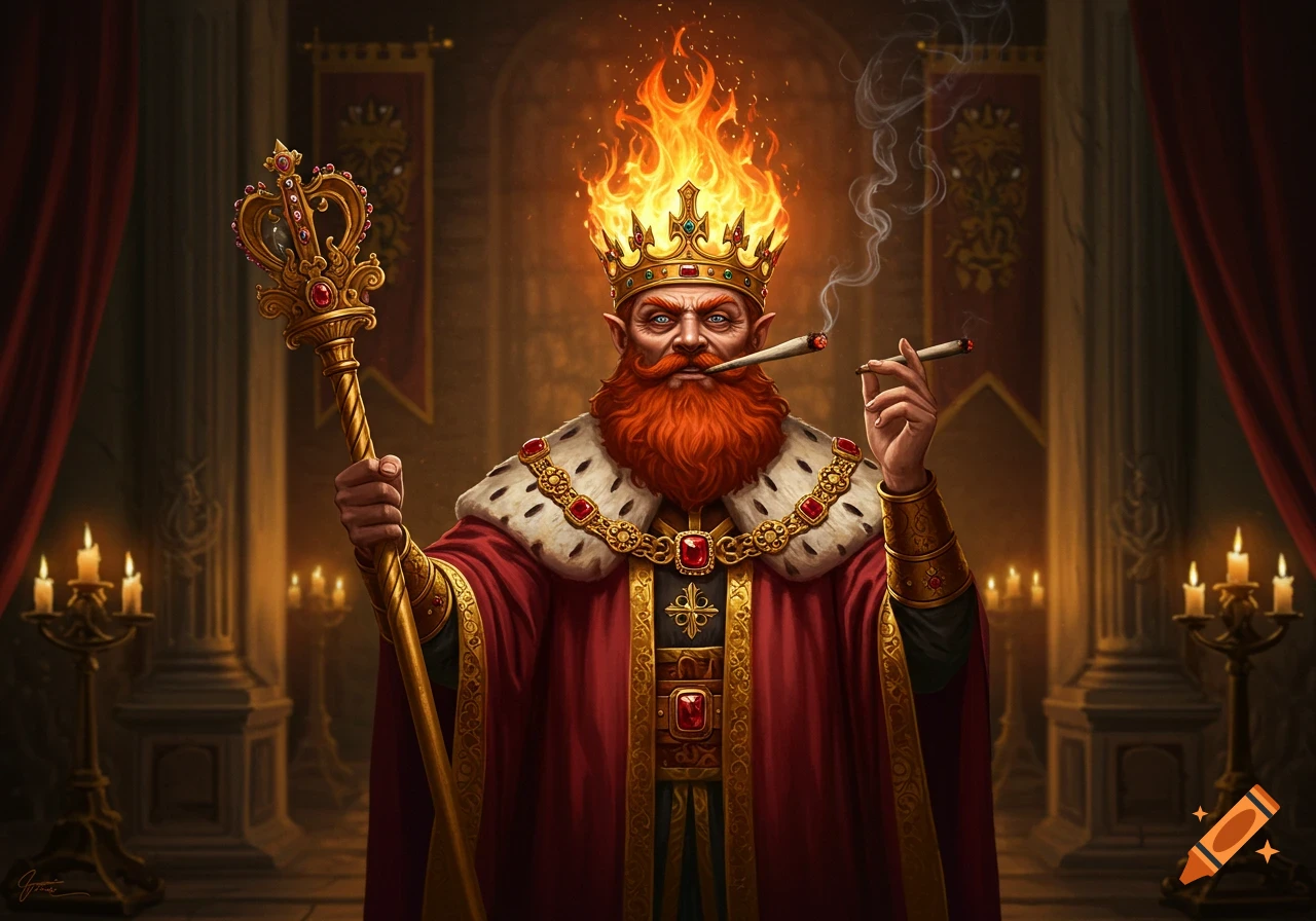 A fiery-crowned fantasy king with pointed ears, a red beard, and a royal robe, smoking a joint and holding a scepter in a candlelit hall.