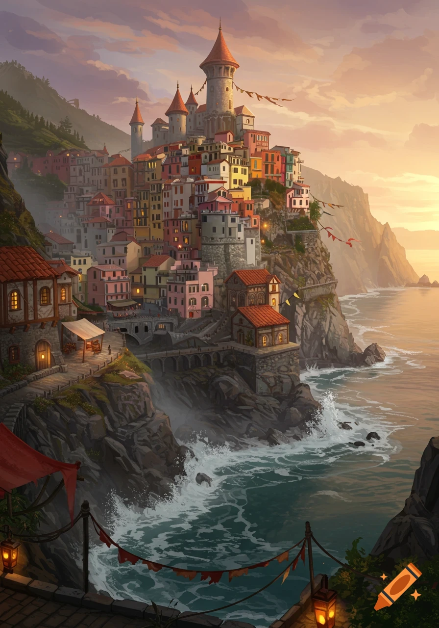 A vibrant fantasy town with colorful buildings and a castle perched on a rocky coastal cliff, waves crashing below, at sunset.