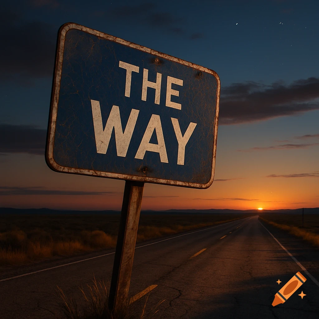 A weathered blue road sign displaying 'THE WAY' stands beside a long, straight road at sunset, with fields stretching into the distance.