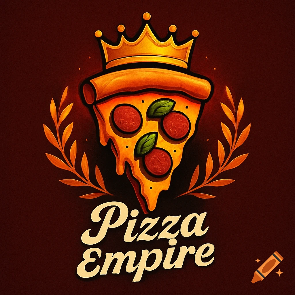 Stylized logo of a pizza slice topped with pepperoni and basil, wearing a golden crown, framed by golden laurel wreaths, with 'Pizza Empire' text below.