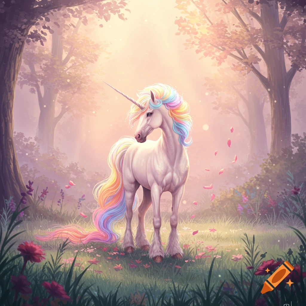 A white unicorn with a rainbow mane and tail stands gracefully in a magical, sunlit forest with glowing flowers.