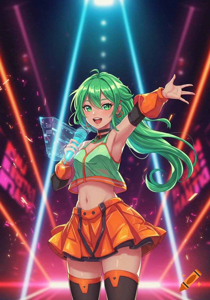 Anime girl with green hair, Gumi, singing on a stage under bright colorful lights.