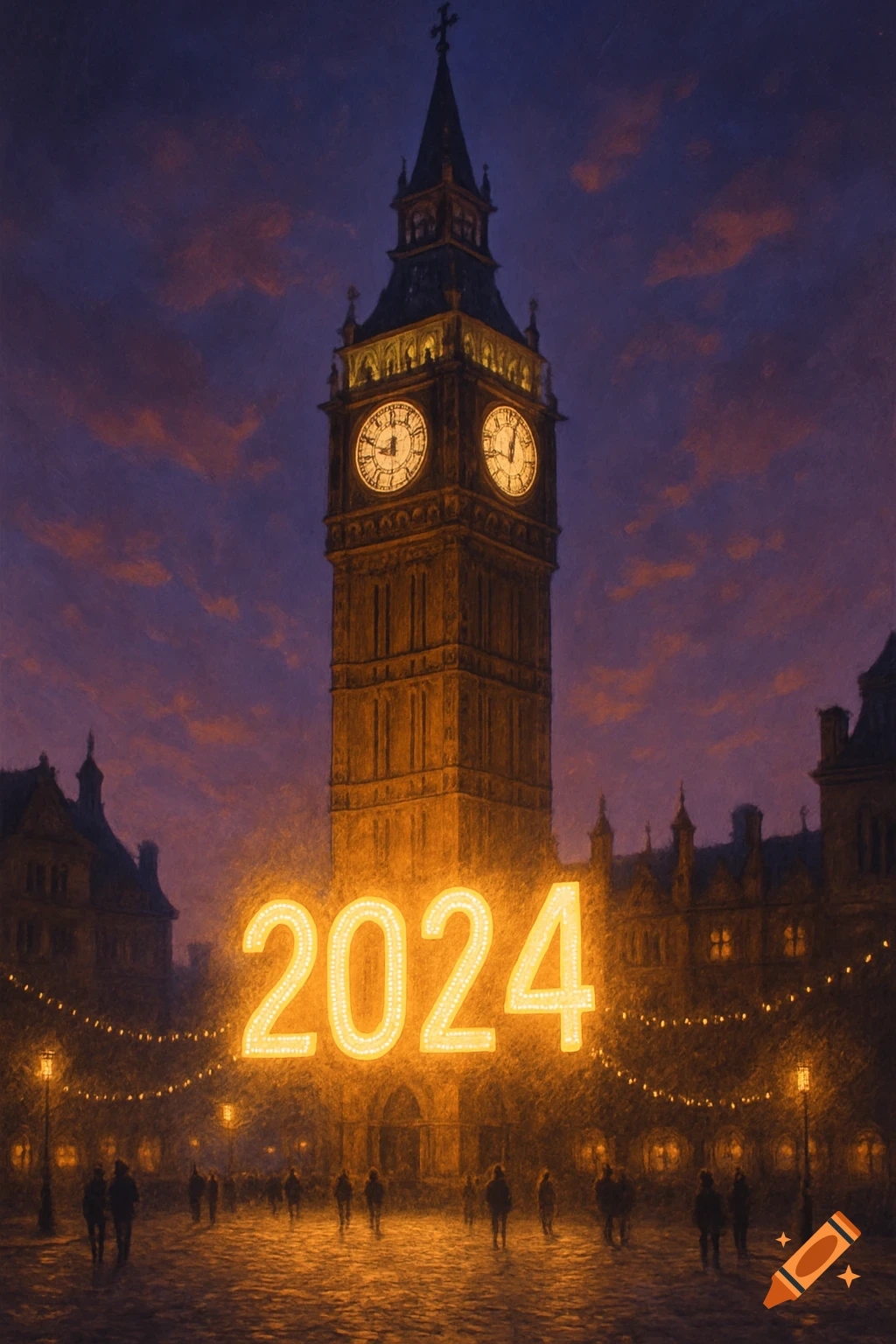 Painterly image of a large clock tower, resembling Big Ben, at night, with glowing '2024' in front and people walking on a street below.