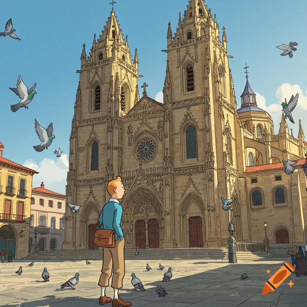 Tintin stands on a sunny plaza in front of a grand, ornate cathedral, surrounded by pigeons, in a clear comic art style.