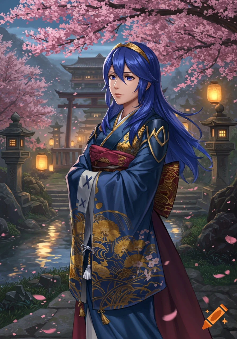 Blue-haired anime woman in a dark blue and gold kimono stands in a Japanese temple garden with cherry blossoms.