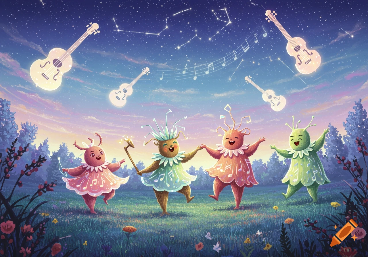 Four whimsical creatures dance in a moonlit field under a starry sky with glowing violins, ukuleles, and musical notes.