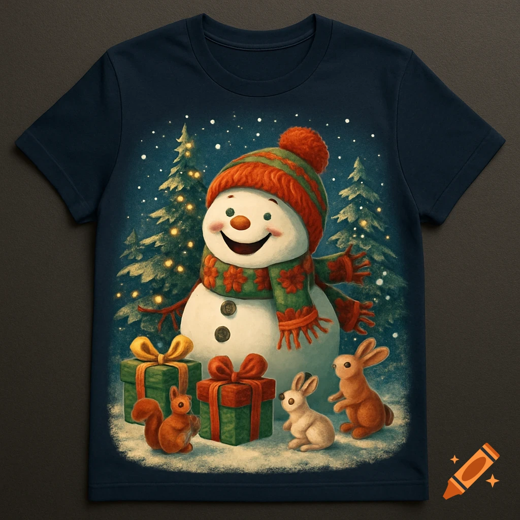 A cheerful snowman wearing a hat and scarf, surrounded by Christmas presents, bunnies, and a squirrel in a snowy forest scene, on a navy blue t-shirt.