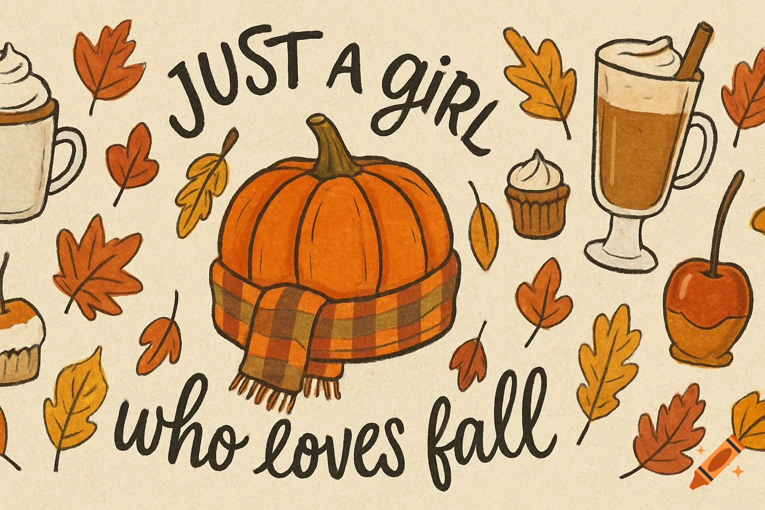 A hand-drawn illustration of a pumpkin in a plaid scarf surrounded by autumn leaves, coffee, and treats, with the text 'JUST A girl who loves fall'.