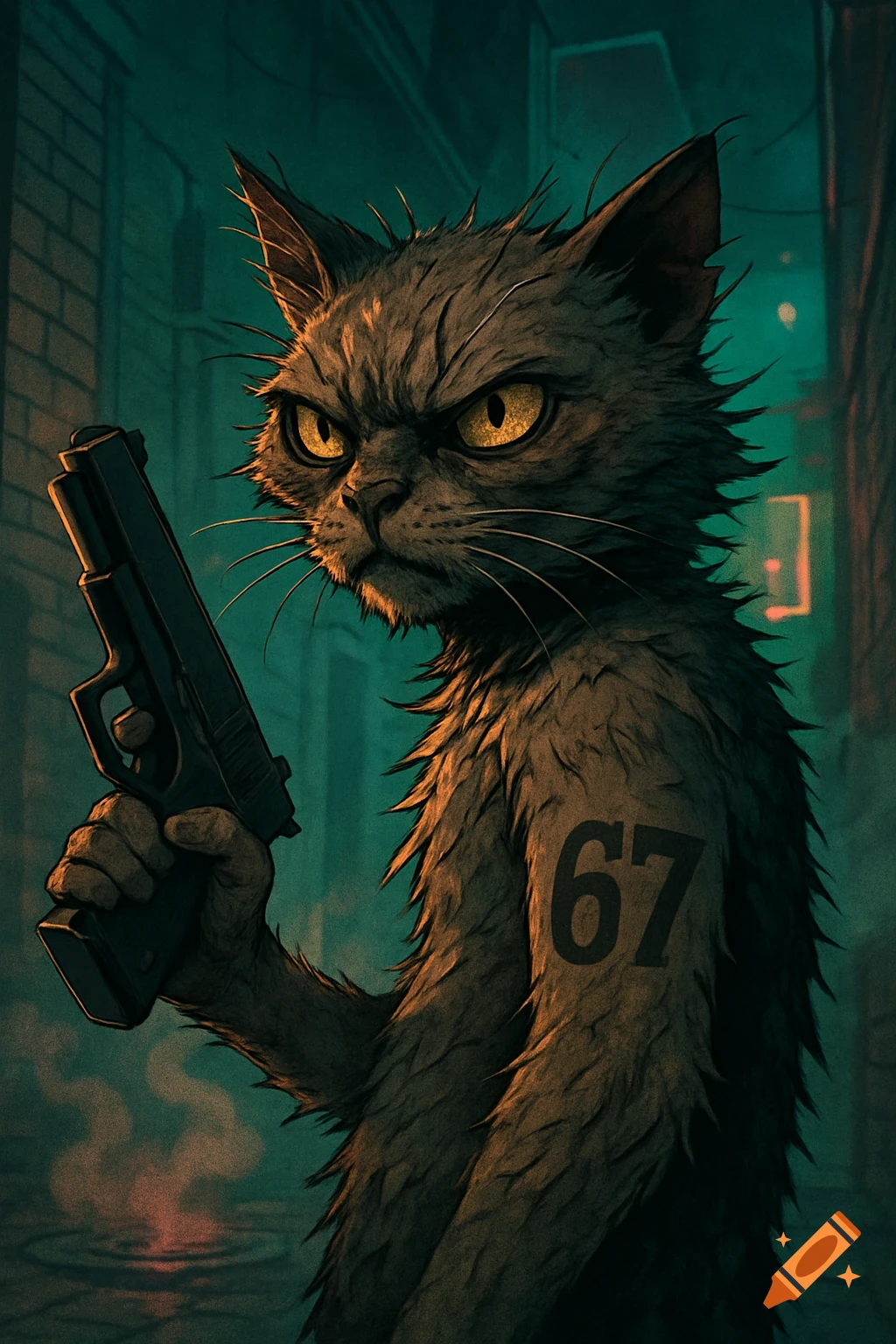 A gritty, anthropomorphic cat with glowing yellow eyes holds a handgun, featuring a '67' tattoo, in a dark, neon-lit alley.