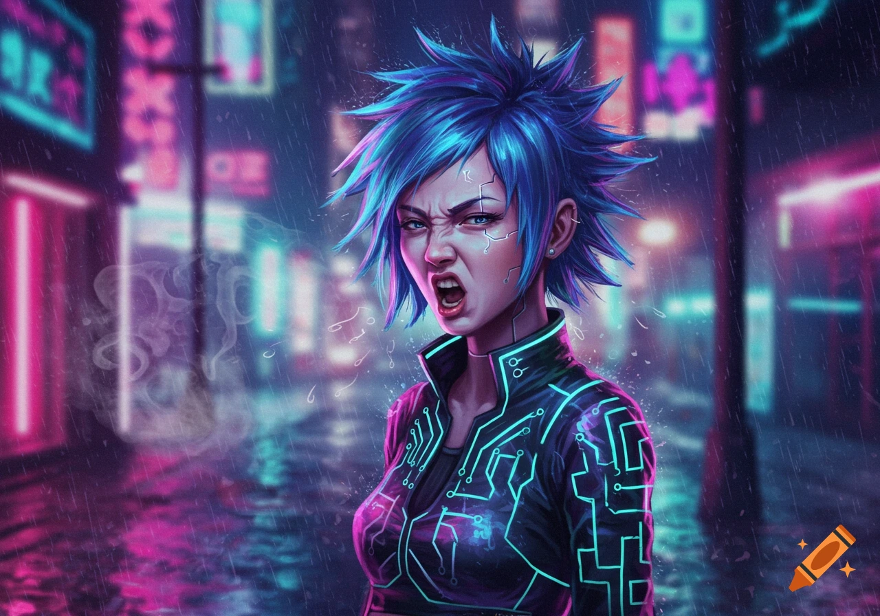 Digital art of an angry cyberpunk girl with spiky blue hair and glowing circuits on her face and jacket, in a neon-lit, rainy city street.