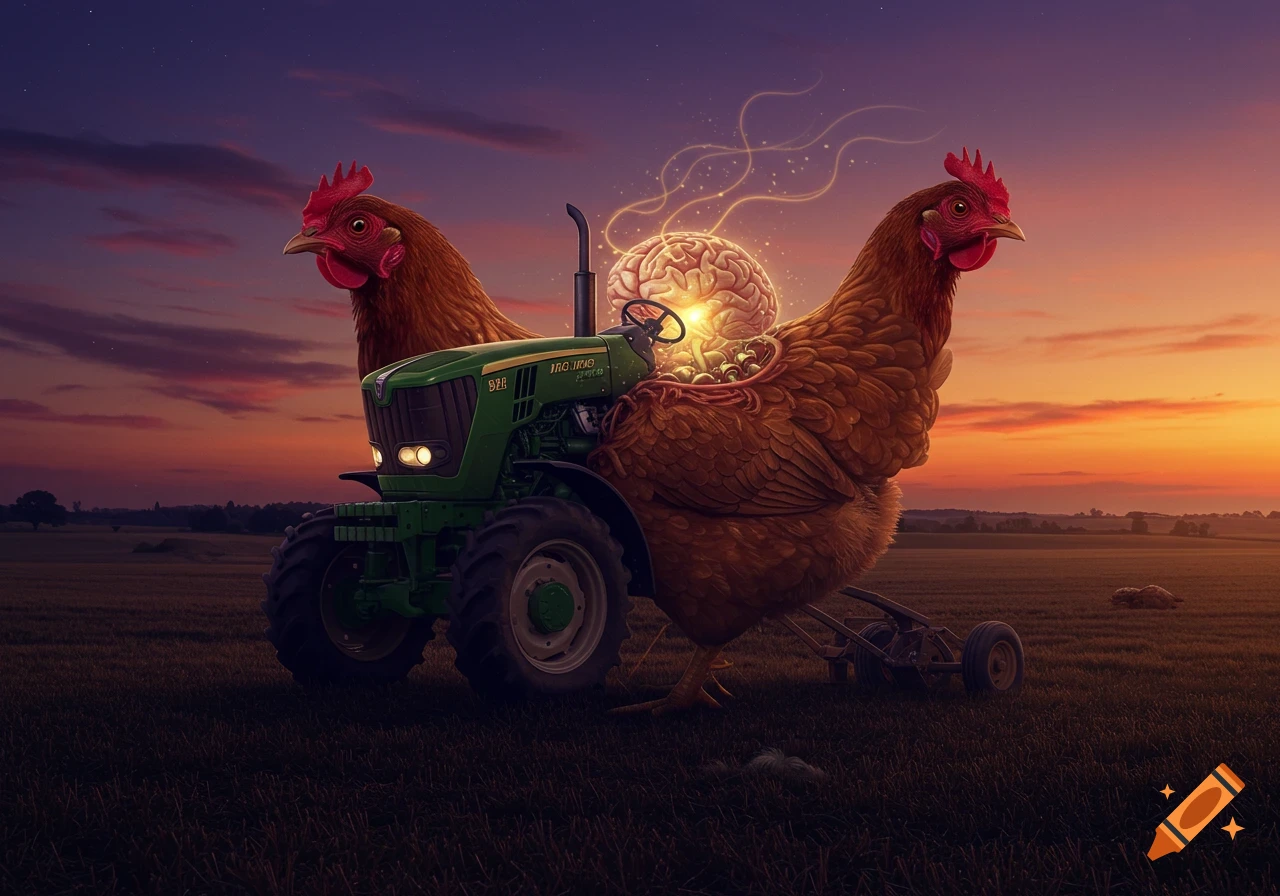 A surreal image of two giant brown chickens merged with a green farm tractor, with a glowing brain where the driver sits, in a field at sunset.