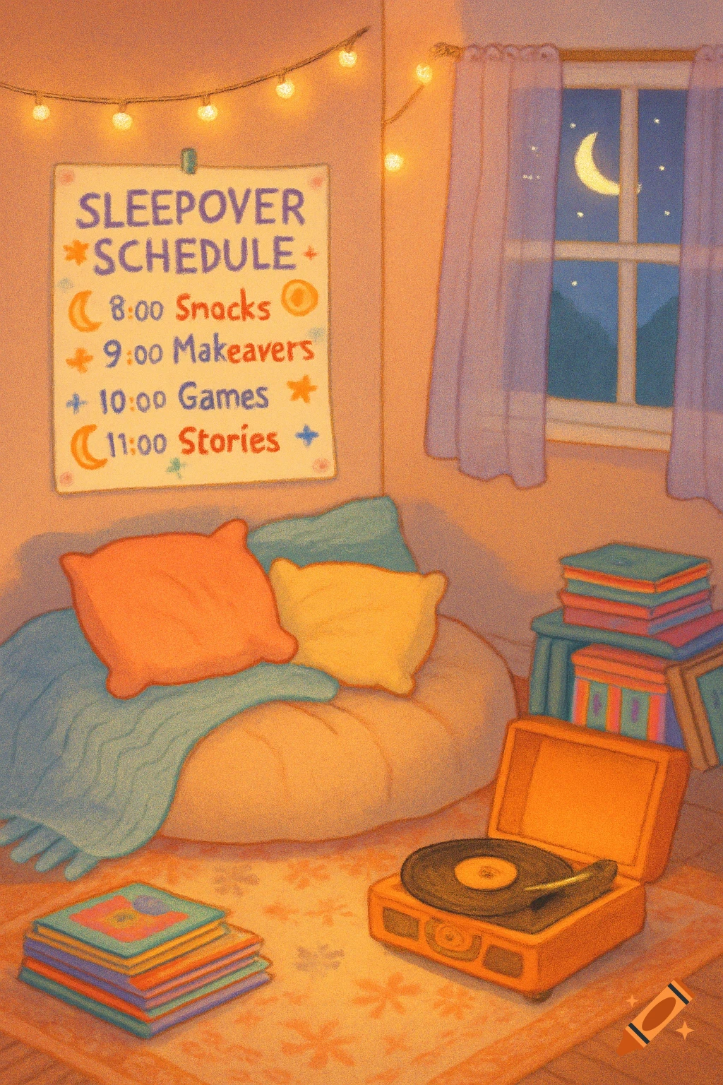 A warm-toned, cozy illustration of a room at night, featuring a 'Sleepover Schedule' on the wall, pillows on a beanbag, a record player with albums, and a window with a crescent moon.