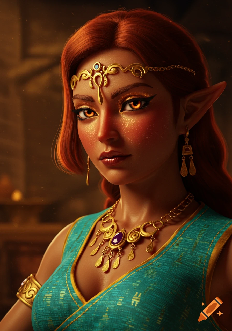 A semi-realistic portrait of a red-haired fantasy character with golden eyes, glowing skin, glamorous makeup, and ornate gold and turquoise jewelry.