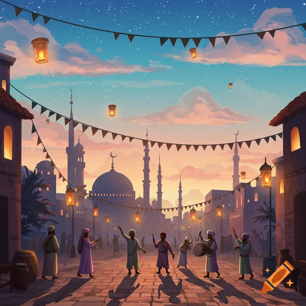 Illustrative street scene of a Middle Eastern celebration at dusk with mosques, lanterns, and people playing drums.