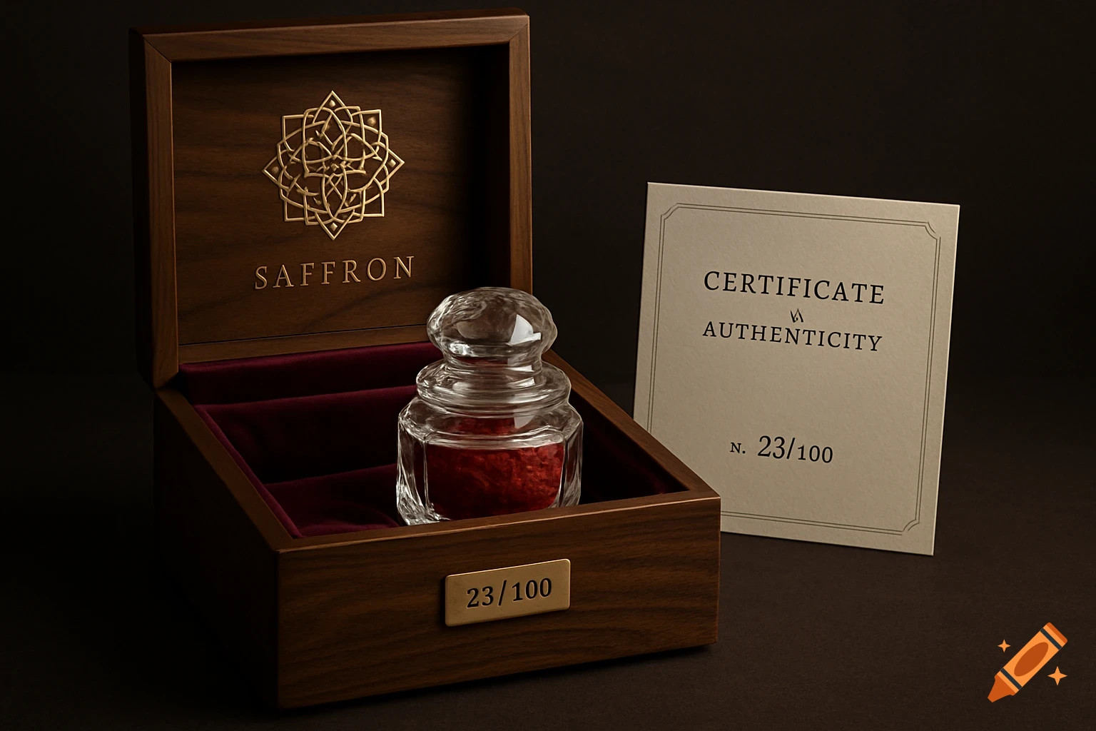 A luxurious open dark wood box with a red velvet interior holds a crystal jar of red saffron, accompanied by a certificate of authenticity and a gold plaque.