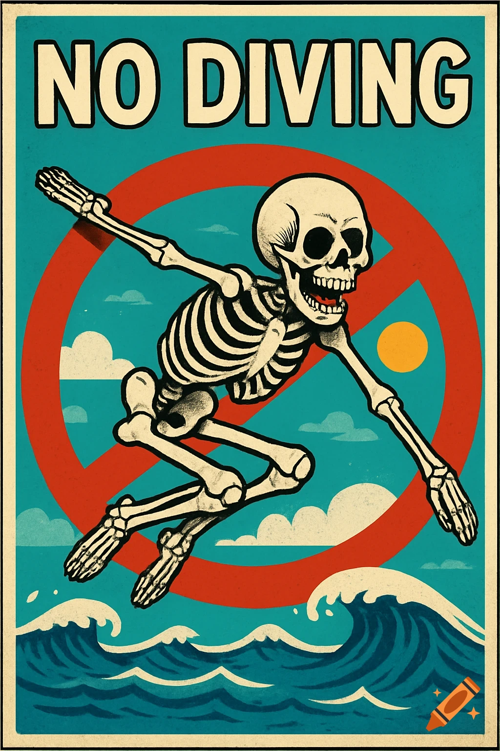 A vintage-style 'No Diving' sign featuring a cartoon skeleton jumping over ocean waves with a red prohibition circle.