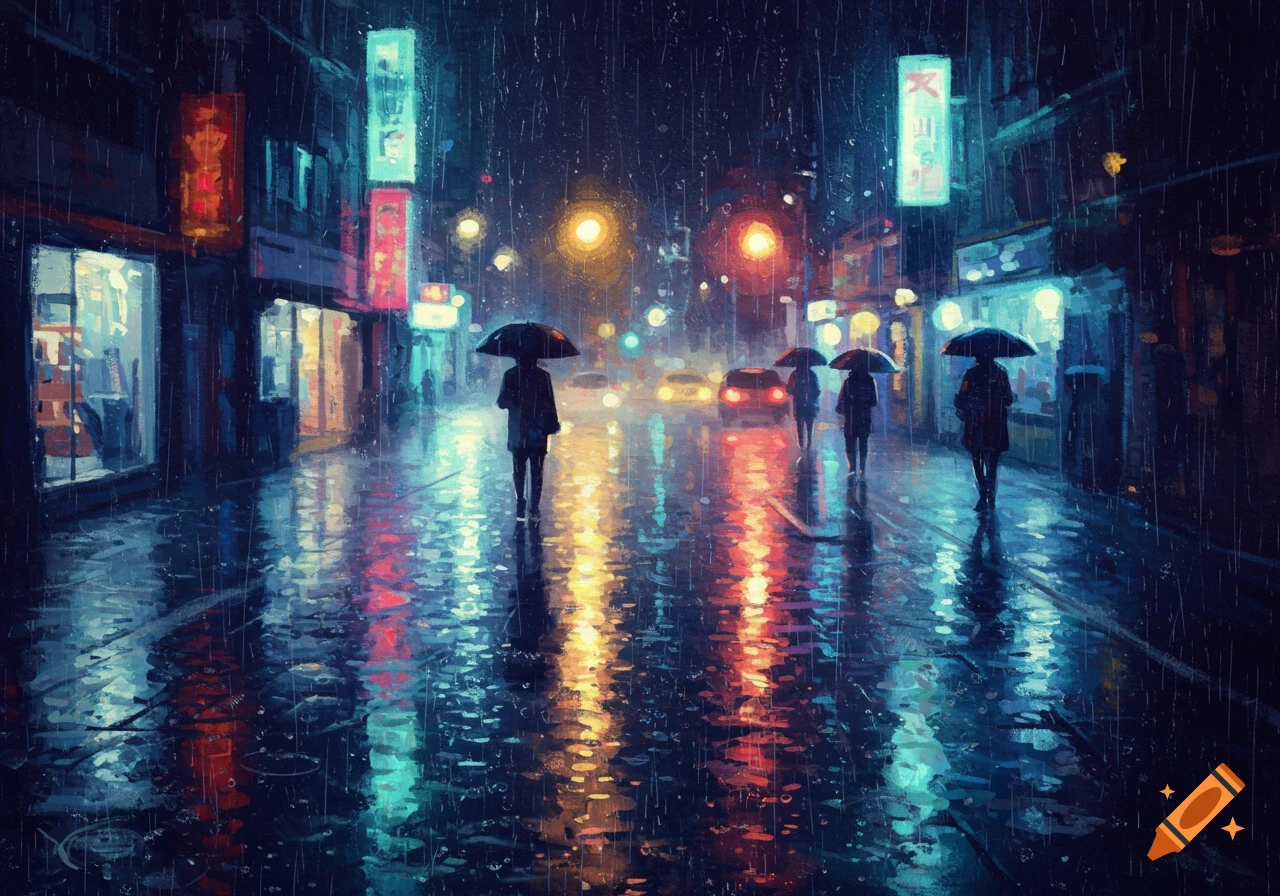 A stylized painting of a rainy city street at night with people holding umbrellas, cars, and neon signs reflecting on the wet pavement.
