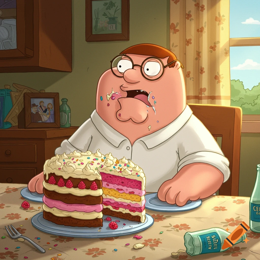 Cartoon Peter Griffin messily eats a large, multi-layered cake covered in frosting and sprinkles at a table in a kitchen.