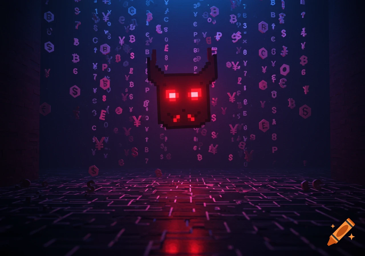 A pixelated red-eyed demon head with horns and glowing eyes floats in a dark, neon-lit digital space with cryptocurrency symbols.