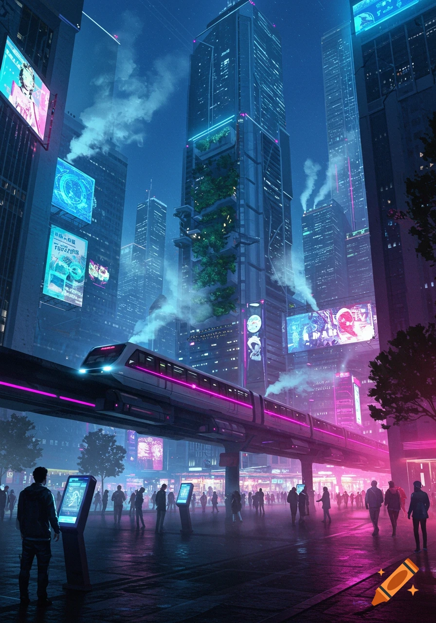 A vibrant cyberpunk city at night with neon lights, towering skyscrapers, and a monorail train gliding above a street filled with people.