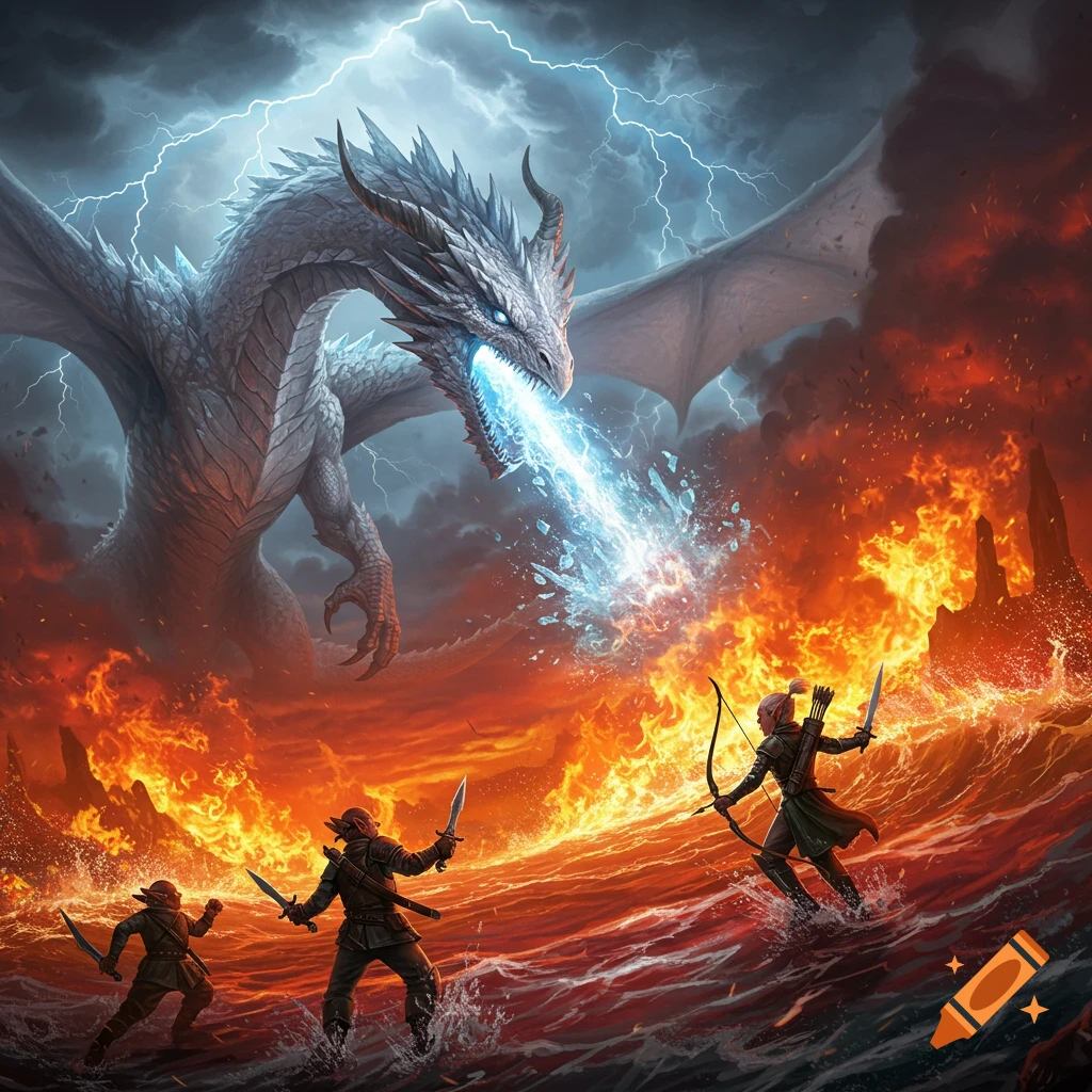 A white dragon shoots blue ice breath at two halflings with swords and an elf ranger with a bow in a burning, stormy ocean.