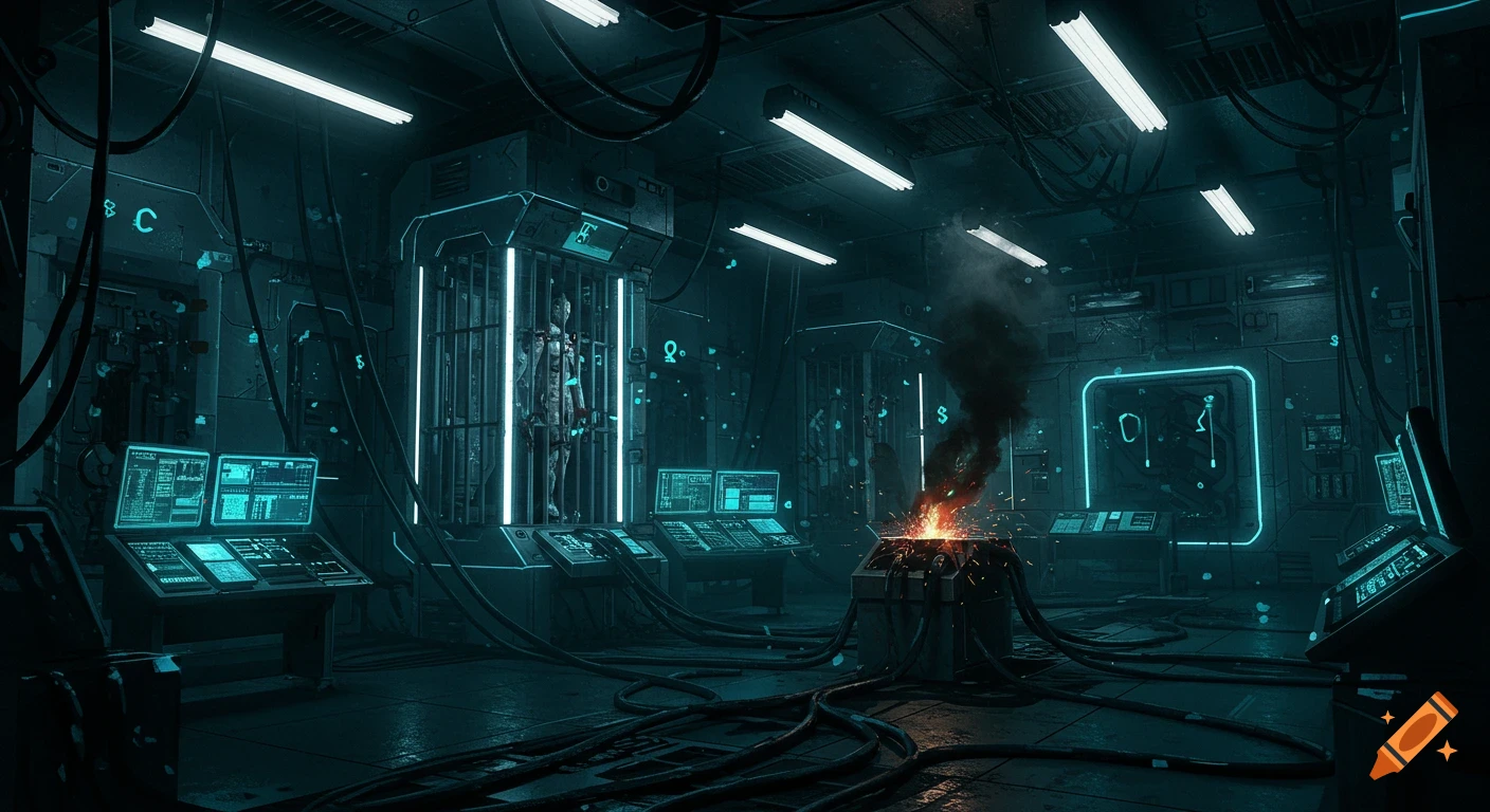 A dark, futuristic psychological research lab with glowing blue and white lights. A humanoid figure is in a confinement cell, while a central apparatus sparks and smokes.