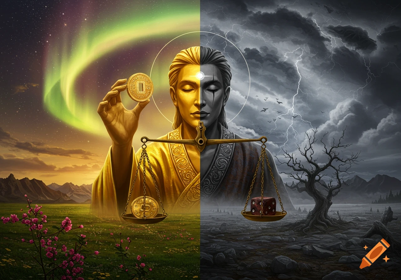 A split image depicts a golden figure with scales, holding a coin on the left, set against a vibrant aurora, contrasting with a stormy sky and a die on the right. Symbolizes good versus bad fortune.