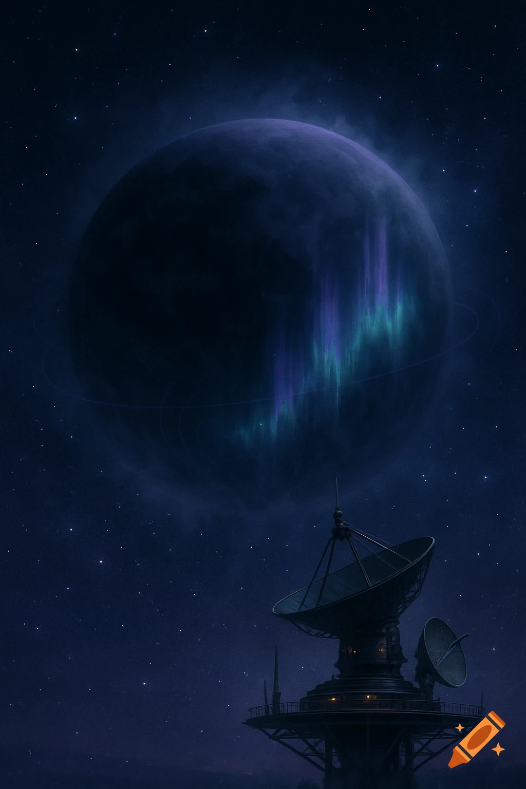 A large dark planet with purple and green auroras in a starry sky above an intricate radio telescope structure, digital art.