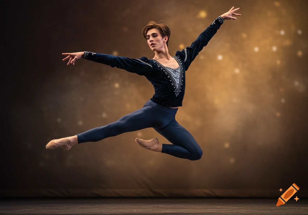 A male ballet dancer in a dark blue costume with silver embellishments leaps elegantly on stage against a shimmering golden background.