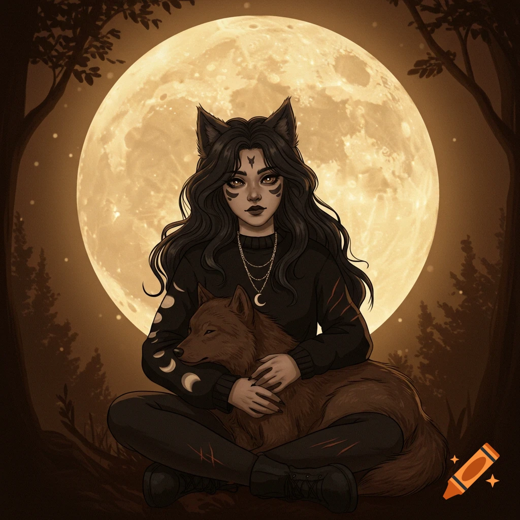Anime werewolf girl with wolf ears, dark hair, sits cross-legged, hugging a brown wolf under a full moon in a forest.