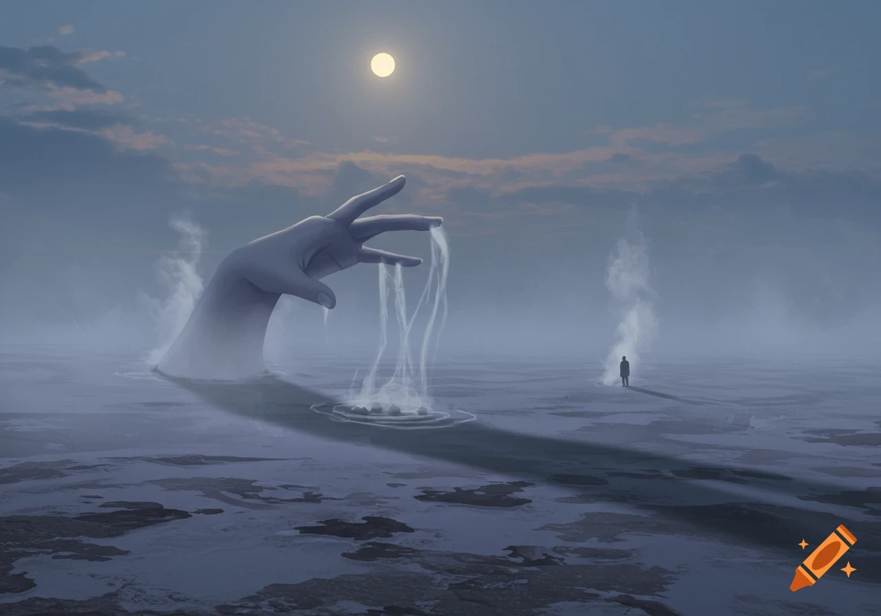 A giant hand emerges from misty water, releasing ethereal streams, under a full moon in a surreal landscape with a distant solitary figure.
