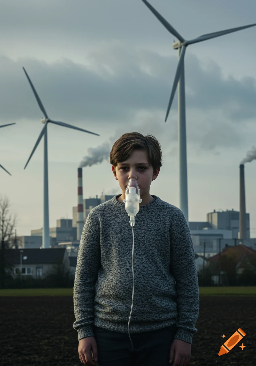 A child wearing an oxygen mask stands in a field with factories and wind turbines in the background, signaling environmental themes.